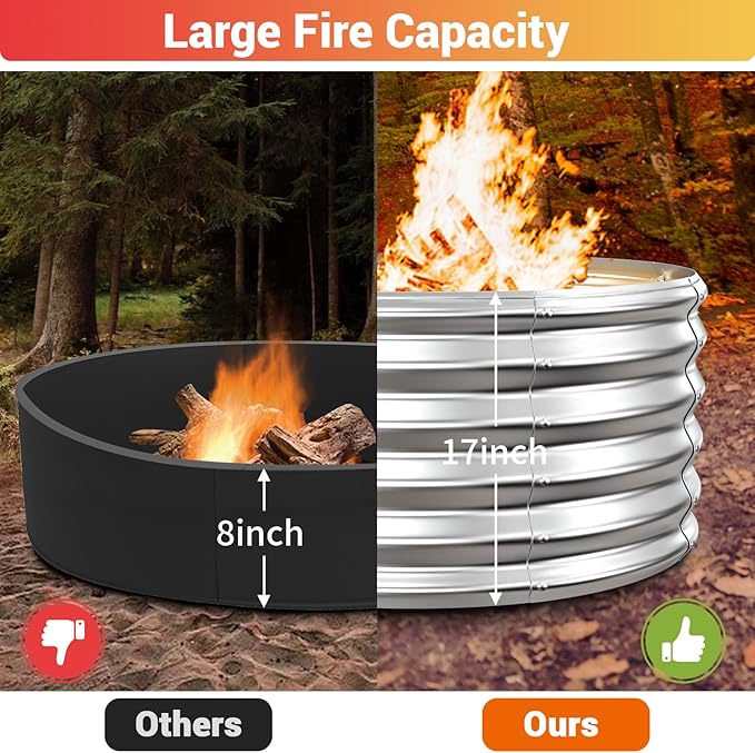 39 Inch Fire Pit Ring for Outside 17'' Tall Heavy Duty FirepitWood Burning DIY In Ground or Above-Ground Outdoor Heavy Duty Galvanized Steel Fire Pits for Backyard Bonfire Patio &amp Camping