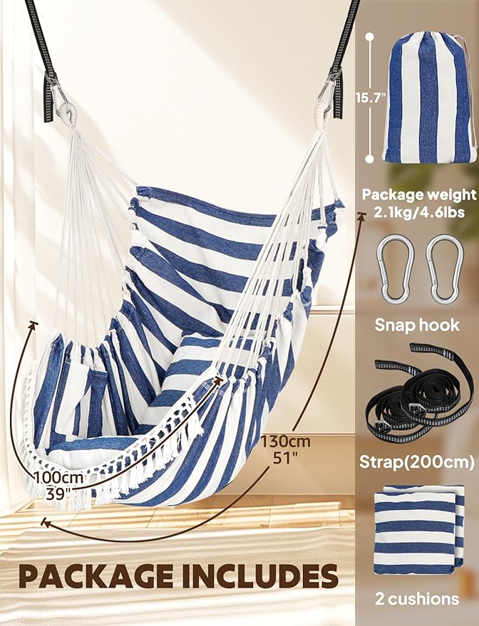 Chihee Hammock Chair Hanging Swing 2 Pillows IncludedStrong Webbing Straps and Hooks for Easy Hanging Soft Cotton Hanging Chair Side Pocket Tassel Chair Comfort Indoor Outdoor Blue White