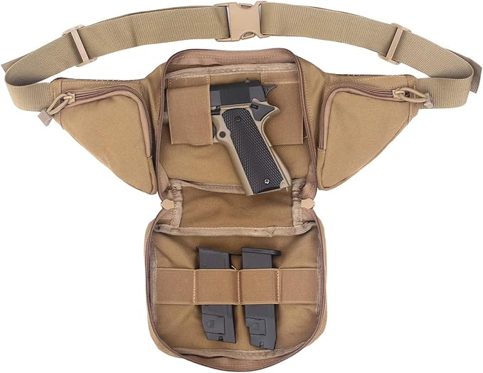 Concealed Pistol Bag Multipurpose Nylon Tactical Handgun Case Fanny Pack Waist Bag Bumbag Chest Pack with Molle Webbing Loop (Mud)