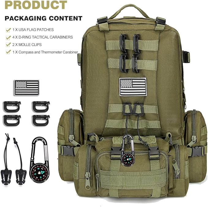 Large Military Tactical Backpack for Men 40-50L Backpacks for Women Bug out Bag Army 3 Days Pack Bags Rucksack with Molle System Green