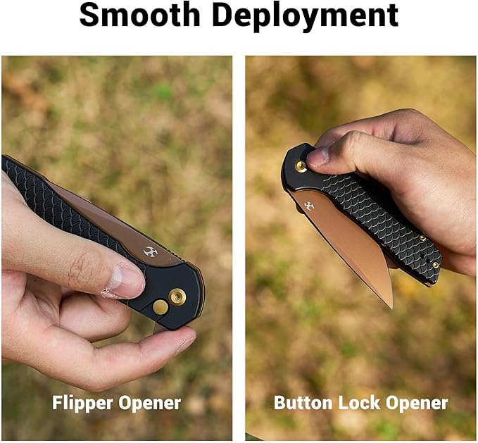KANSEPT Accipiter Pocket Knife 3.53Rose Gold 14C28N BladeBlack Anodized Aluminum with Fish Scale Texture Handle Flipper Open &amp Button Lock Deep Clip EDC Folding Knives for Camping Hunting T10