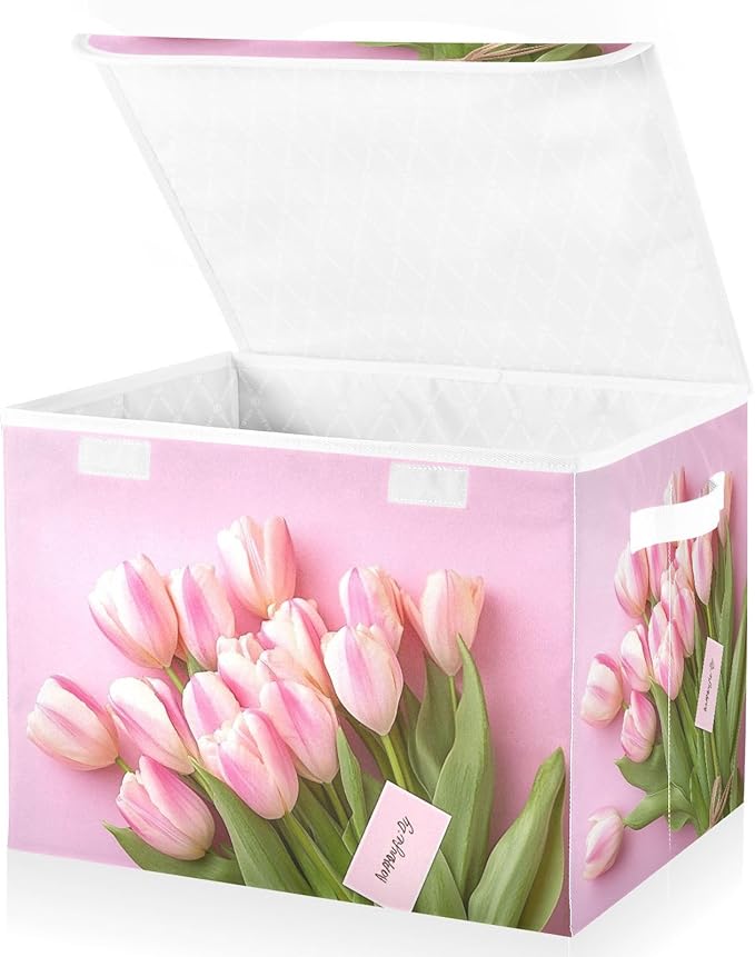 Collapsible Storage Bins with Lids Decorative Fabric Storage Cubes Closet Organizer and Storage Basket Boxes Containers for Clothes Box Chest Nursery Folding Rectangle Tulip Pink Mother's Day