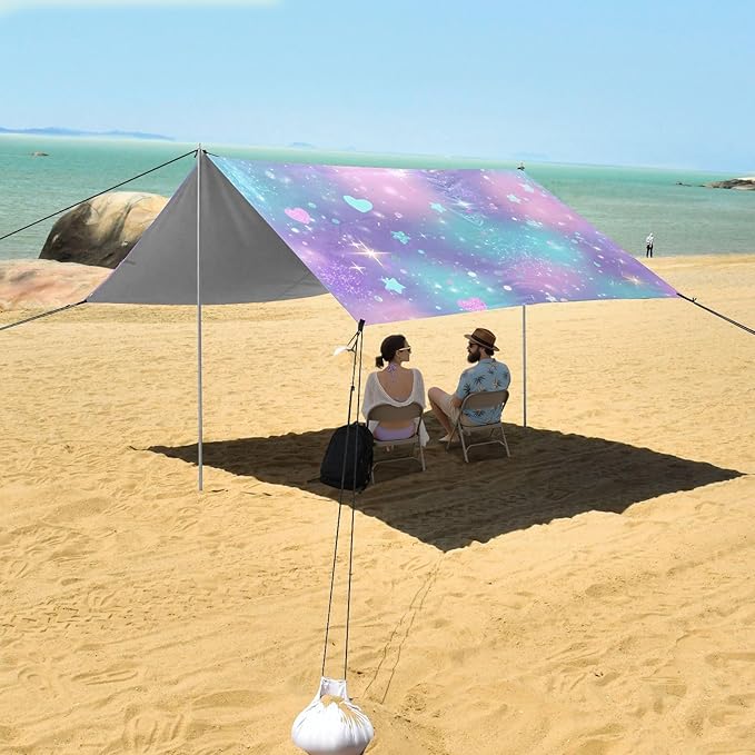 ALAZA Rrainbow Love Hearts Stars Beach Tent Sun Shelter UPF50+ Protection Beach Shade Canopy w/ 4 Sandbags for Outdoor Camping Fishing Backyard Fun Picnic 10x9 ft