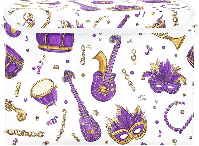 Purple Mask Instrument Shrove Tuesday Storage Box with Lid 1 PC Foldable Storage Bin with Lids Stackable Storage Bins Cube Closet Organizer Basket with Flip-Top Lid &amp Handles for Shoes Book