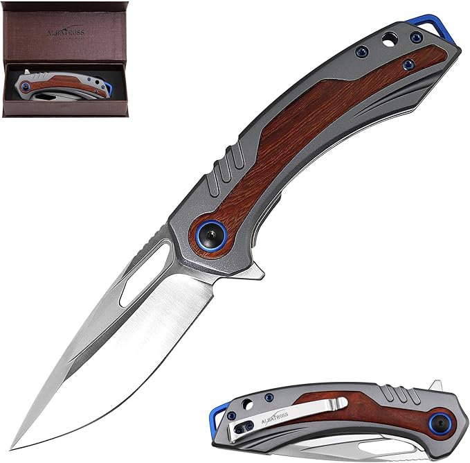 Artistic Valentine‘s Gift Colorful Wood Handle Folding Knife 3.3” Satin D2 Blade Silver Aluminum Flipper Ergonomic Gift Case
