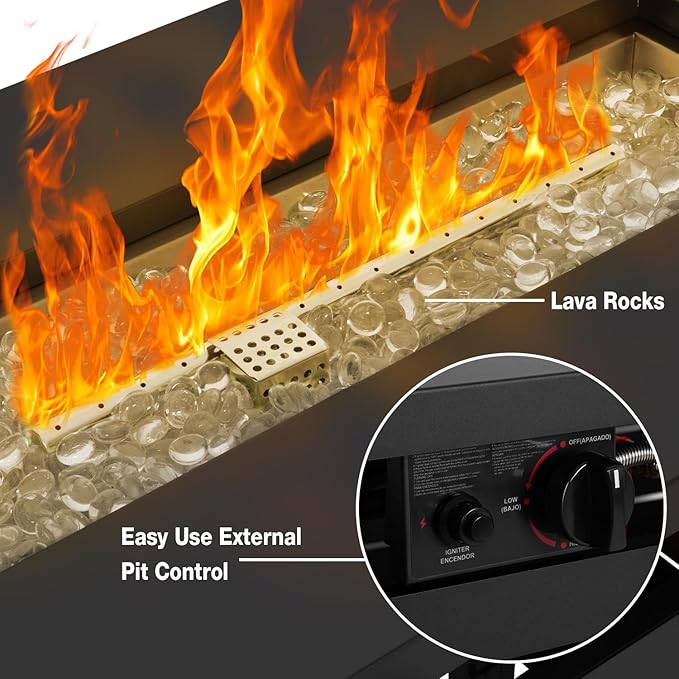 Hykolity 42 Inch Gas Fire Pit Table 60000 BTU Propane Pits for Outside with Steel Lid and Waterproof Cover 2 in 1 Firepit Table Gatherings Parties on Patio Deck Garden Backyard Black