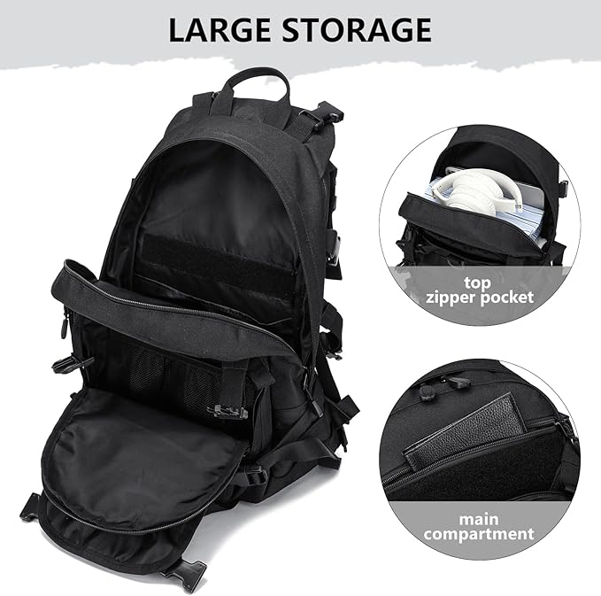 25L Small Tactical Backpack For Men Military Waterproof Backpack With Multiple Pockets 3-Day Bug Out Bag Molle Backpacks For Camping Hiking Military Traveling (Black)