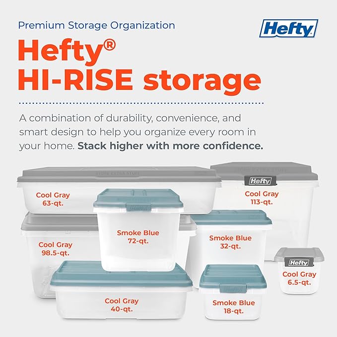 Hefty HI-RISE Stackable Storage Bins - Under Bed Storage Containers with Lids Shoe Organizer Plastic Storage Bins Clear Shoe Boxes with XL Lid-Locking Latches Durable Double Rim - 72qt (6 Pack)