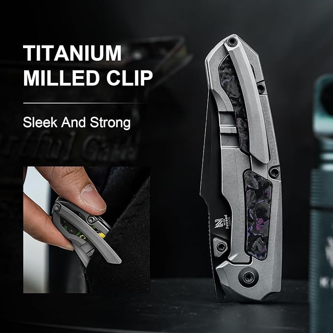 Kizer Feweed Pocket Knife 2.98 S35VN Clip Point Blade Folding Knife with Titanium &amp Fat Carbon Purple Haze Handle Front Flipper &amp Thumb Stud Opener EDC Knives for Camping Hiking KI3694A1
