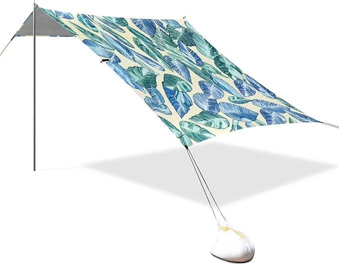 xigua Leaves Beach Tent Sun Shelter with Carrying Bag - Silver Coated Oxford Fabric Beach Canopy for Beach Camping Fishing - Includes Windproof Ropes Sandbags &amp Stakes