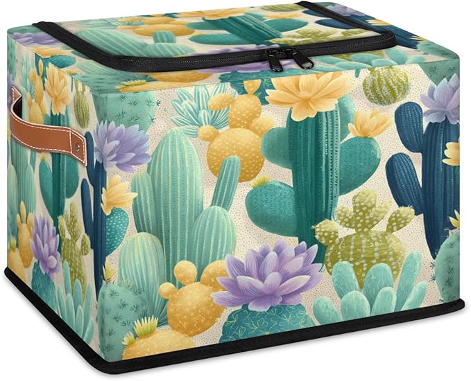 Cactus Storage Bins with Lids Flower Collapsible Cube Storage Basket with Leather Handle Foldable Storage Box with Lids for Organizing Home Closet