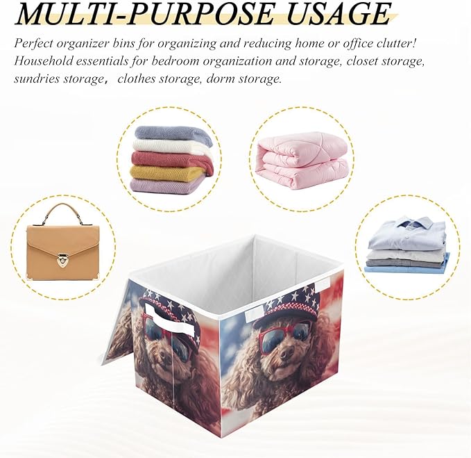 Storage Cube with Lid American Dog Print 16.5×12.6×11.8 IN Collapsible Large Capacity Foldable Storage Basket Bin Organizer