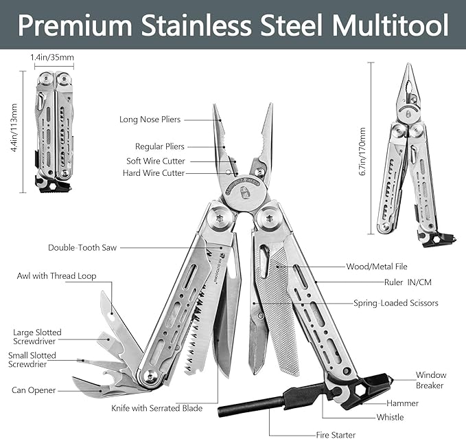 HX OUTDOORS 19 In 1 Multi Tool Pocket Knife Set Stainless Steel Multitool Pliers with Fire Starter and Glass Breaker Folding EDC Camping Survival Tools for Men (Silver)