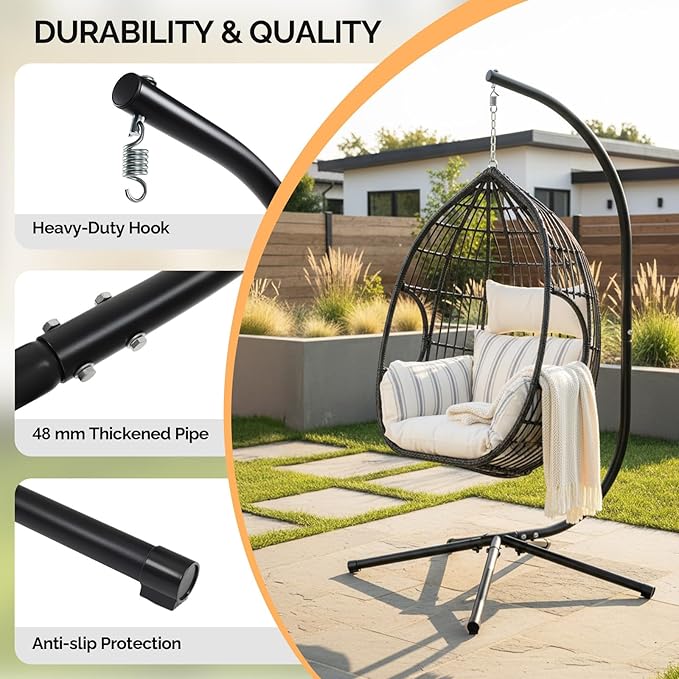 ONCLOUD Hanging Chair Stand Only | 400 LBS Heavy Duty C Frame Swing Stand Elegant Solid Steel Hammock Chair Stand Weatherproof for Indoor/Outdoor Fits Egg Chairs &amp Macrame Hanging Chairs