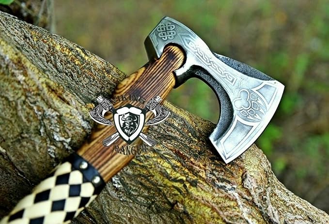 Handmade Carbon Steel Axe – Hand Forged High Carbon Steel Head | Wood Handle Rustic Outdoor Hatchet Viking Style Camping &amp Survival Axe (Axe-2)