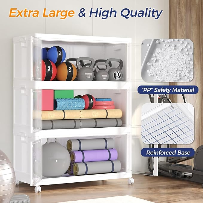 150Gal/600QT 3-Tier Stackable Collapsible Storage Bins Extra Large Closet Organizers with Lid &amp Wheels &amp Doors Foldable Plastic Cabinet Container for Clothes Snack Craft Organizing White