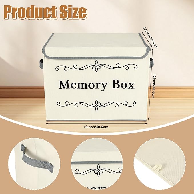 LemonRoad 2Pcs Memory Box Keepsakes for Kid Memory Decorative Storage Box Bin with Lid for Baby Wedding Travel Birthday Anniversary Precious Milestones Gift Loved Ones Treasured 16x12x12''(Ecru)