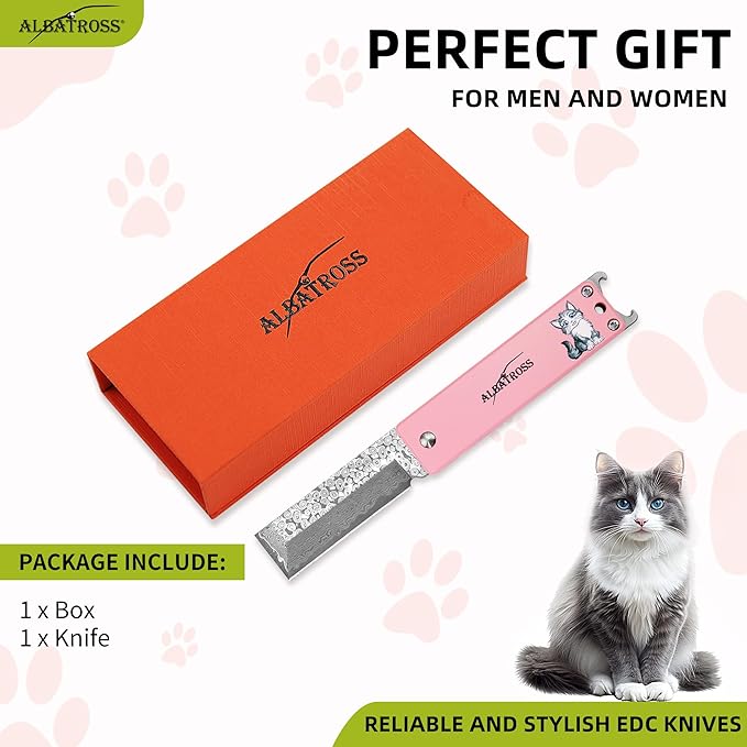 ALBATROSS Pink Damascus Cute Cat Pattern Pocket Knife - Stocking Stuffer for Women 3.5 Titanium Alloy Box Cutter - EDC Keychain Gadgets with Bottle Opener Mothers Gift Day for Cat Lovers