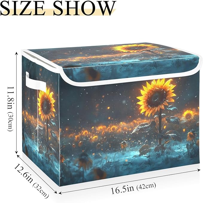 AIXIWAWA Lidded Storage Cube (Shining Sunflower) Fabric Foldable Closet Bins with Flip Lid and Handles Organizer Basket Container 16.5 x 12.6 x 11.8 IN