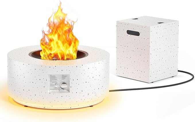 30' Outdoor Fire Pit Table with 50000 BTU Output Premium Gas Fire Pit Tables for Outside Patio Round Propane Fire Pit with Glass Stones Waterproof Cover (White 30 LED)