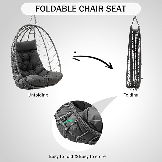 Hanging Egg Chair with Stand Outdoor Indoor Rattan Wicker Swing Chair Foldable Patio Hammock with Cushion Dark Grey 350 LBS Capacity (Dark Grey)