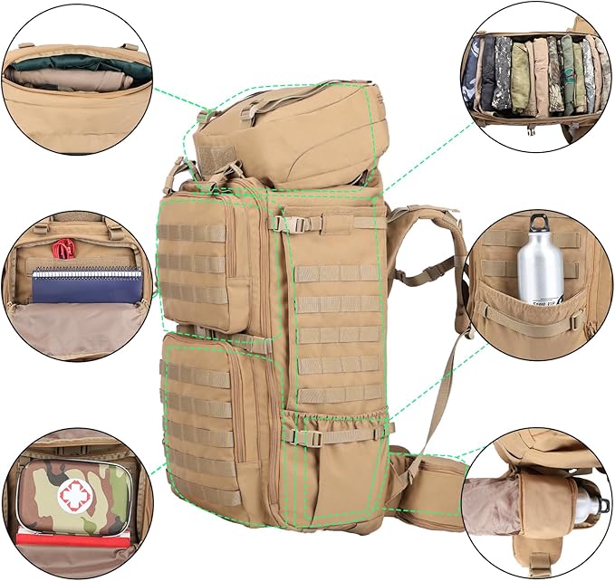 Zsearaymy 75L Hiking MOLLE Backpack with Internal Frame &amp Rain Cover for Tactical Camping Backpacking Survival Travel (TAN)
