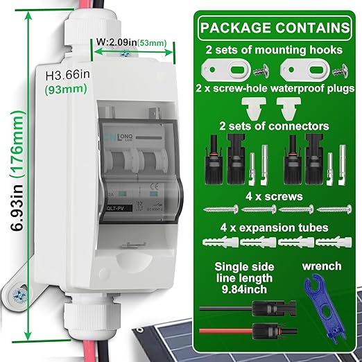 Solar Disconnect Switch 32A DC1000V Circuit Breaker 2P with PV Connector and IP65 Small Breaker Box and Wall Hooks for Outdoor PV Stystem Battery PV Array MCB