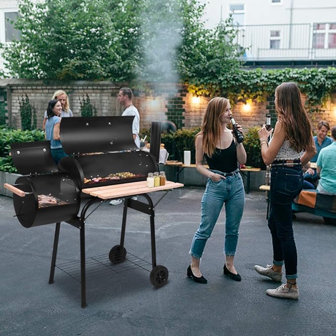 BBQ Charcoal GrillOutdoor Patio Barbecue Cooker with Offset SmokerTray &amp WheelsBarrel BBQ Grill for Outdoor Balcony PicnicsParty and Camping