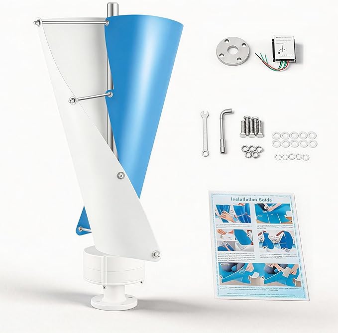 Wind Turbine 100W 42.65ft/s 2 Blades Vertical Axis Wind Turbine Generator Home Windmill Kit Hybrid Wind System with Controller for Home Business Industrial Energy Supply (100W 12V White + Blue)