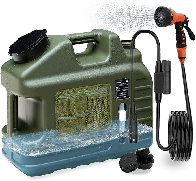 Portable Camping Shower with 5-Gallon Water Jug Rechargeable IPX7 Waterproof Electric Pump 7-Mode Shower Head &amp HDPE Container for Outdoor Hiking Beach Pet Bathing &amp Washing Dishes