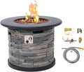 32-Inch Outdoor Porcelain Tile Propane Fire Table with Natural Gas Conversion Kit 50000 BTU Gas Fire Pit Table Concrete Composite Base with Faux Stacked Stone Texture Lid Lava Rocks Cover