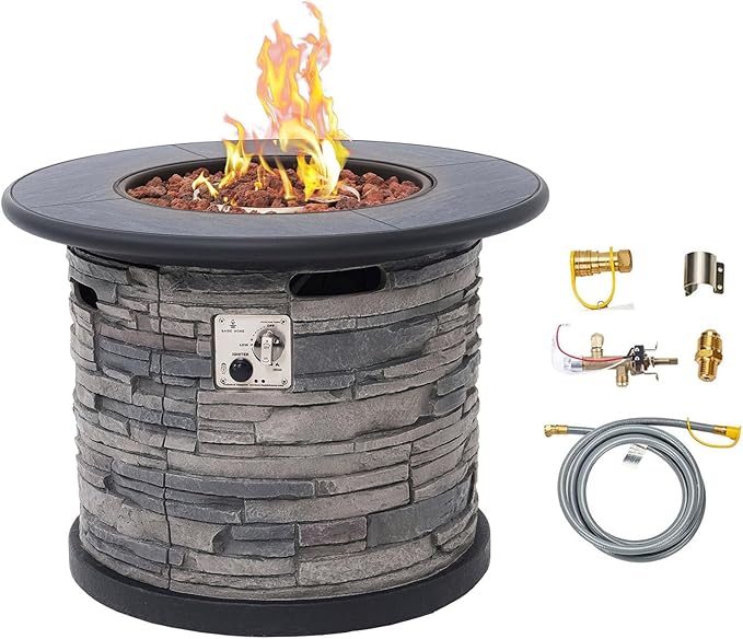 32-Inch Outdoor Porcelain Tile Propane Fire Table with Natural Gas Conversion Kit 50000 BTU Gas Fire Pit Table Concrete Composite Base with Faux Stacked Stone Texture Lid Lava Rocks Cover
