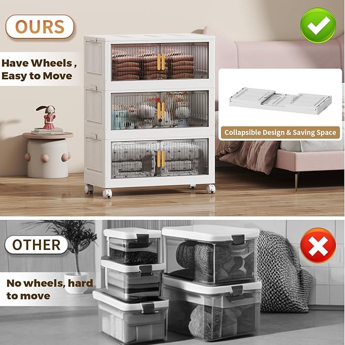 62 Gal Stackable Plastic Storage Bins with Lids 3 Tier Collapsible Closet Organizers and Storage with Wheels for Living RoomOfficeDorm 26.8 W x 14.4 D x 37 H