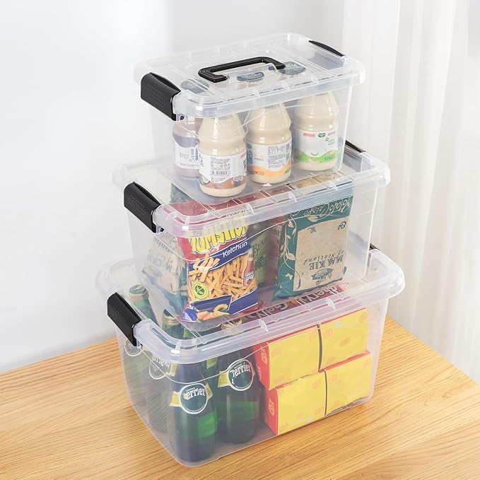 Cetomo Storage Boxes Storage Box with Lids and Handle for Home Dorm Office Organization Stackable Nesting Tote Container Plastic Clear 6L 10L 18L-3 Pack
