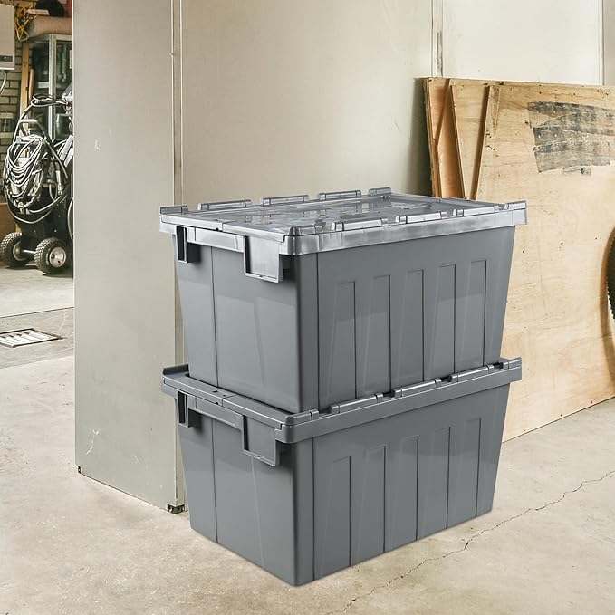 15 Gallon Industrial Lockable Plastic Storage Tote with Hinged Attached Lid Commercial Flip Top Tote Storage Container Bin Tote for Transport and Warehouse Heavy Duty Gray 4 Packs