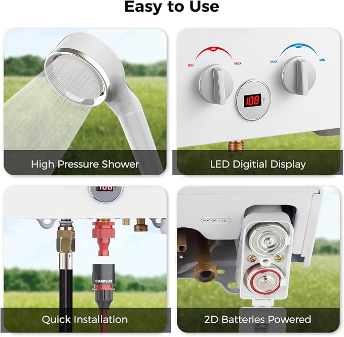 CAMPLUX 4.22GPM Propane Water Heater with 3.3 GPM Water Pump &amp Pipe Strainer 110000BTU Tankless Outdoor Water Heater BW422P120