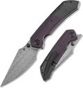KANSEPT Fenrir Pocket Knife 3.48 Damascus Harpoon Blade Blackwash Titanium Handle Purple Micarta Inlay Thumb Stud &amp Liner Lock with Deep Clip EDC Knives for Camping Hunting Survival K1034Z2