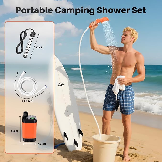 Portable Camping Shower with Heater 6000mAh Rechargeable Portable Shower with 2000W Immersion Heater LED Display Heated Camping Shower for Travel Hiking Car Pet