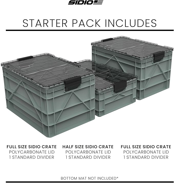 SIDIO CRATE Starter Pack - Two Full Size and One Half Size Heavy Duty Stackable Storage Bins Totes with Lids and Dividers - Durable Organizer for Home Office Garage and Outdoor Use - Stealth