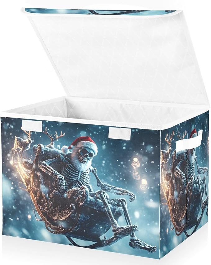 Storage Cube with Lid Skeleton Christmas Santa Print 16.5×12.6×11.8 IN Collapsible Large Capacity Foldable Storage Basket Bin Organizer