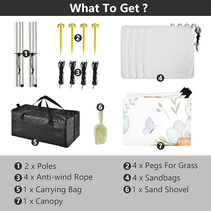 Easter Bunny Beach Canopy Sun Shelter with Sandbags &amp Sand Shovel &amp Windproof Ropes - Portable 110x126 Beach Shade Beach Tent for Camping Picnics