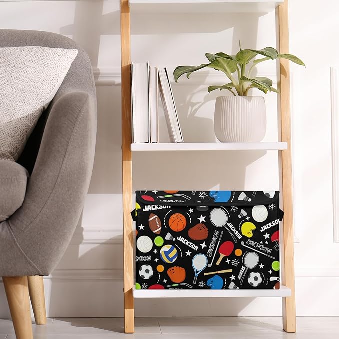 Sport Basketball Soccer Custom Storage Bins with Lid Foldable Fabric Personalized Storage Basket Box with Handle Storage Organizer Container for Home Bedroom Closet