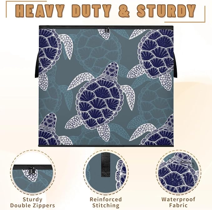 Large Nautical Green Sea Turtles Storage Bags with Lid XL Blanket Clothes Storage Bins Foldable Organizers Storage Containers with Handle for Comforters Bed Sheets Pillows Sea Animals