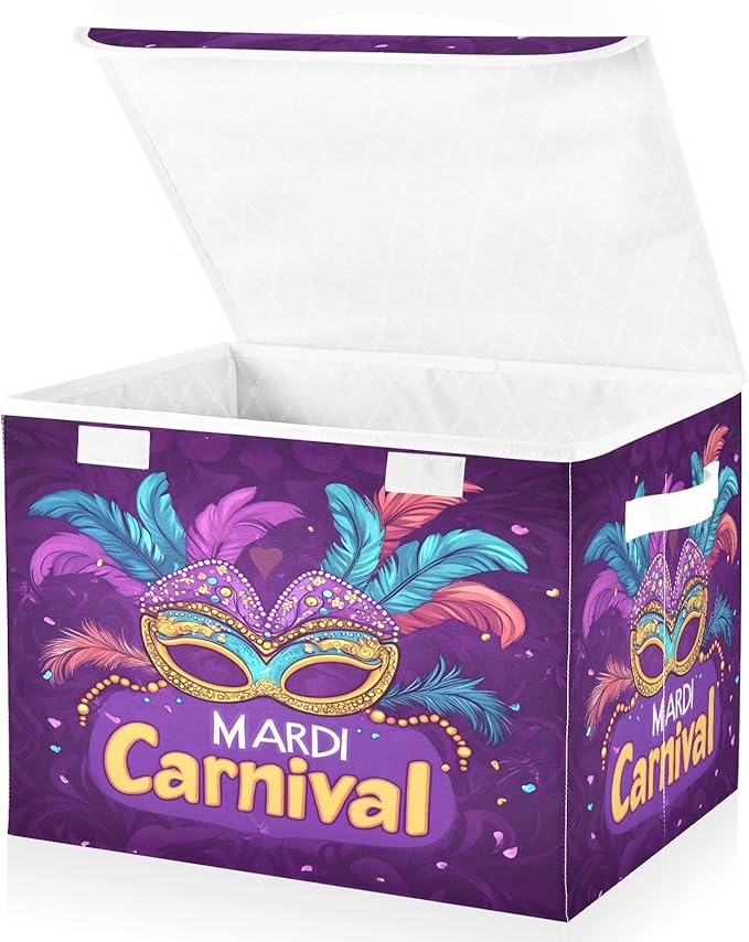 Mardi Gras Mask Storage Baskets with Lids Collapsible Bins Stackable Fabric Linen Baskets Closet Organizer Container 16.5x12.6x11.8