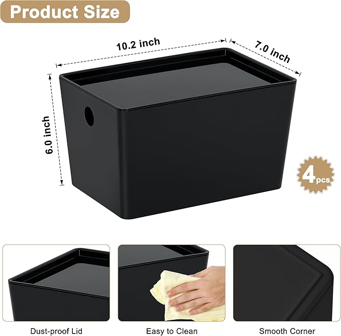 Soddeph 4 Pack Thick Plastic Storage Box with Lid Durable Stackable Storage Bins Hard Plastic Organizer Baskets for Home Office Small Storage Containers 10.1 x 7 x 5.8 (Black with Lid)