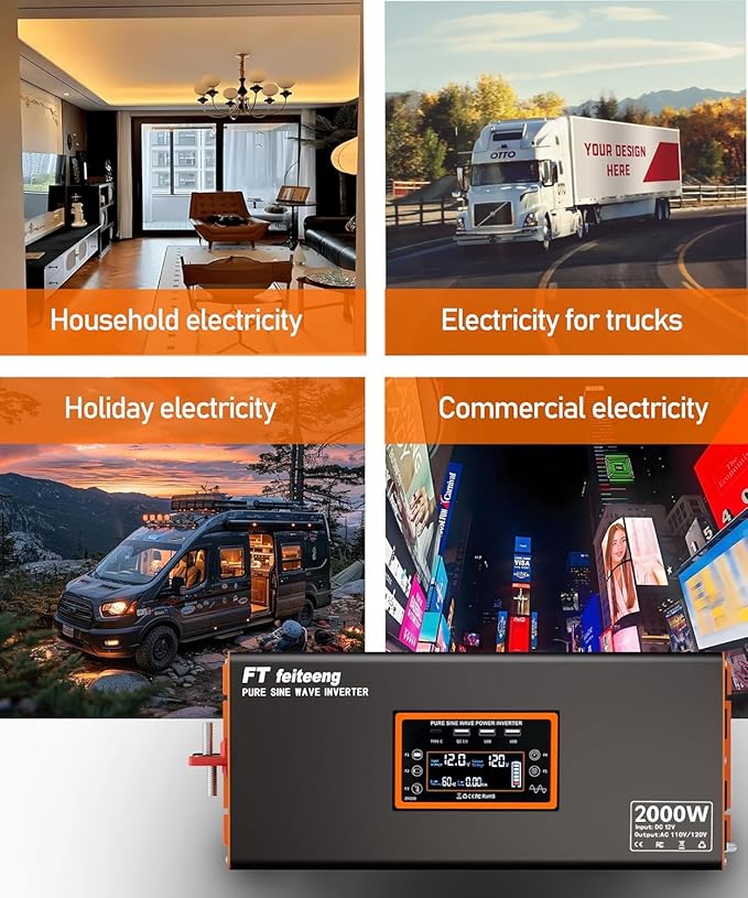 2000W Pure Sine Wave Power Inverter Car Power Inverter 12V to 120V AC Converter with Remote Cable LCD Display 2AC+3USB Type-C Port Surge 4000W for Camping Emergency Vehicles Truck RV