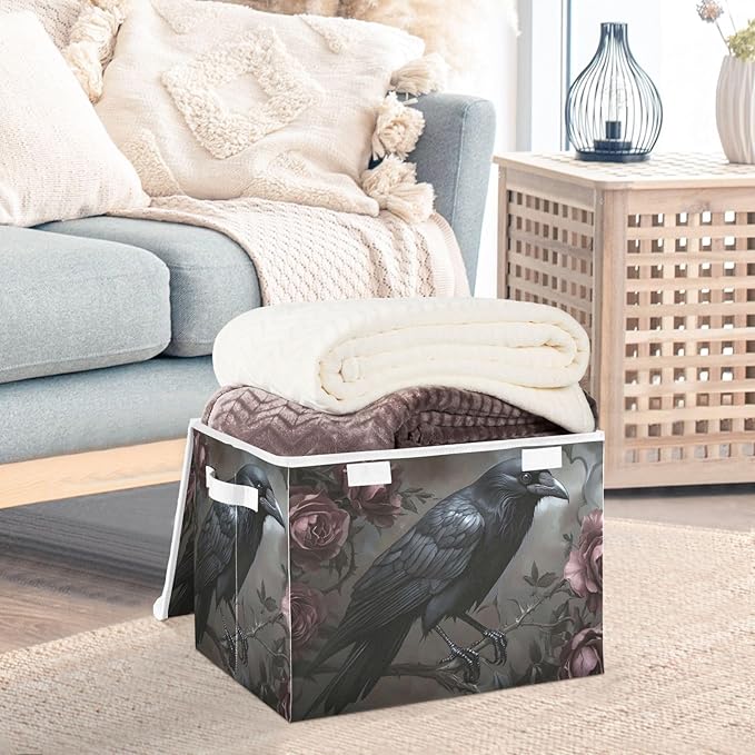 Raven Rose Gothic Red Collapsible Storage Bins with Lids &amp Handles Foldable Storage Boxes Basket with Flip-Top Lid for Home Office 16.5” x 12.6” x 11.8”