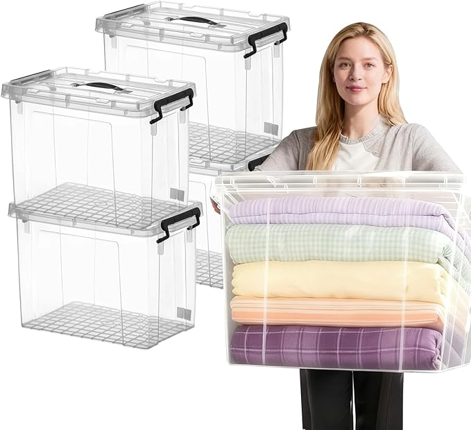 4 Pack 72 QT Storage Bins with Lids Large Stackable Plastic Storage Containers Heavy-Duty Clear Organizer with Secure Latches &amp Handles BPA-Free for Home Office Garage