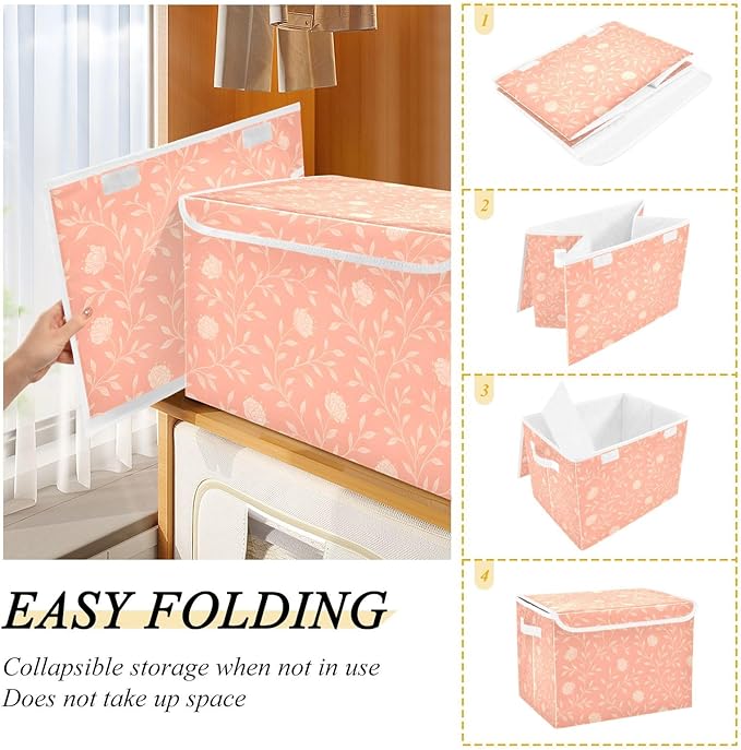 ALAZA Peach-pink Floral Vine Storage Bins Organizer Box Baskets Lidded Clothes for Shelves Closet Collapsible Stackable Storage Cubes Handles