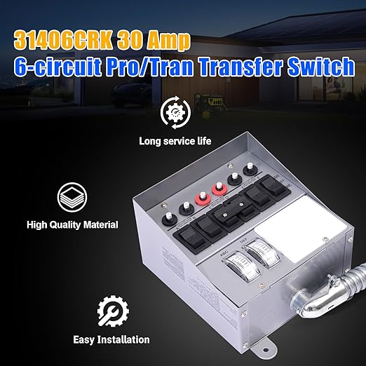 30 Amp Generator Transfer Switch Kit 6-Circuit 7500 Watts Include Weatherproof Inlet Box 10 Foot Power Cord watt Meters Indoor Surface-Mounted Use Replace 31406CWK